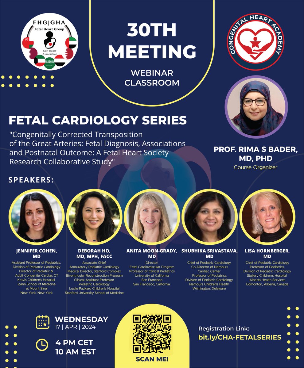 Join the @CongenitalHear3 Fetal Cardiology Series 📋 Congenitally Corrected Transposition of the Great Arteries: Fetal Diagnosis, Associations and Postnatal Outcomes - @FetalHeartSoc Research Collab study 📅 April 17, 2024 ⏰ 10AM EST/4PM CET Register: bit.ly/CHA-FETALSERIES