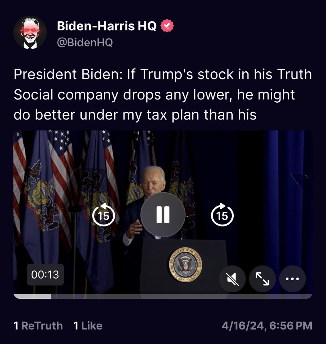 The Biden campaign just posted it on Truth Social 🤣