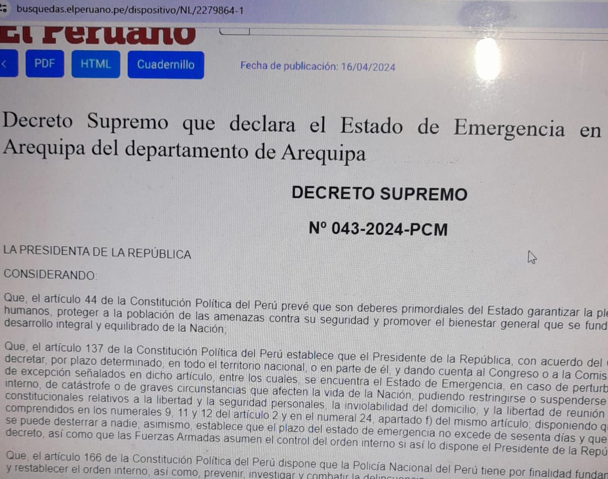 cesprensa's tweet photo. #Alerta El Gobierno Central declara el Estado de Emergencia a la provincia de #Arequipa por 20 días ante el avance de la inseguridad ciudadana.
#PNP
#PoliciaNacional
#Seguridad https://t.co/2KUqsX0TYG
