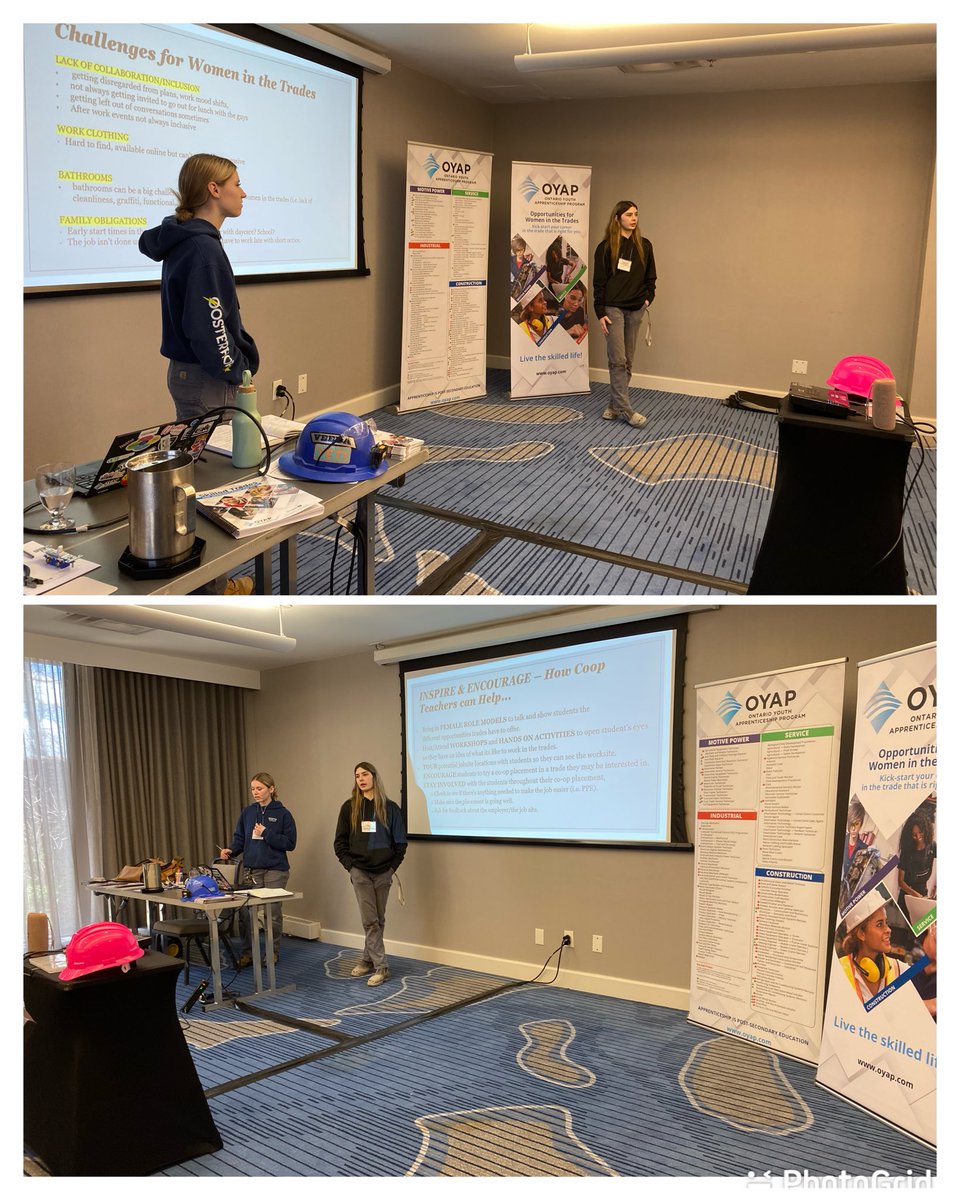 Heidi and Ella (@RegiNotreDame alumni) present to #coop teachers from across the province at the annual #OCEA Conference. They shared some great insights about being a female apprentice!