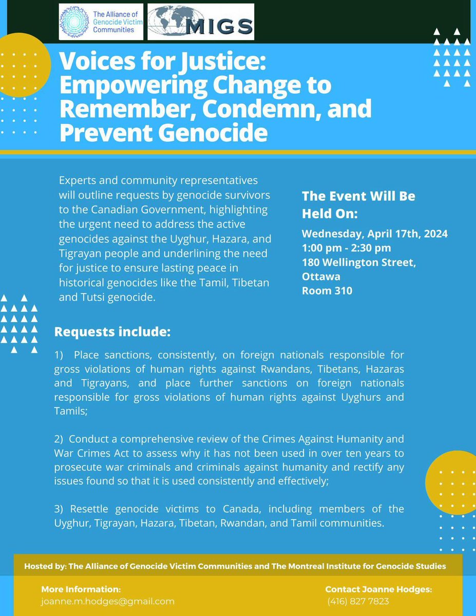 The Alliance of Genocide Victim Communities (AGVC) would like to extend an invitation to you to an event tomorrow (Wednesday, April 17th at 1pm) commemorating Genocide Remembrance, Condemnation, and Prevention Month, which is being organized by The Alliance of Genocide Victim…