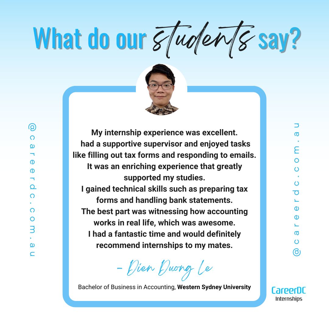 We're thrilled that Dien had such a fantastic internship experience; it perfectly reflects our goal for students seeking hands-on work experience.

#jobexperience #workexperience #careerdevelopment #CareerDC #universitystudent #university #universitylife #internshipstudent
