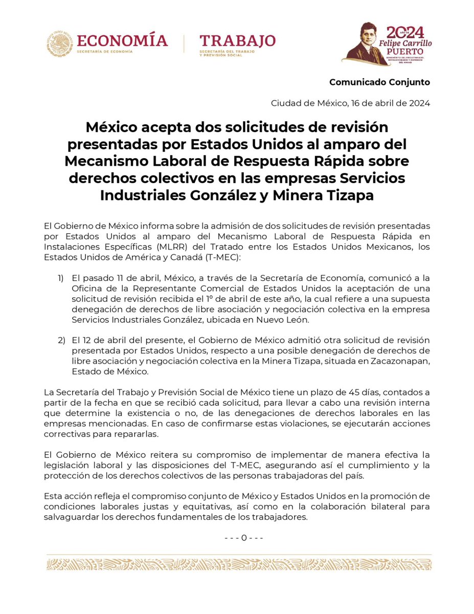 #ComunicadoConjunto México acepta dos solicitudes de revisión presentadas por Estados Unidos sobre derechos colectivos en las empresas Servicios Industriales González (Nuevo León) y Minera Tizapa (Estado de México), al amparo del Mecanismo Laboral de Respuesta Rápida del #TMEC.