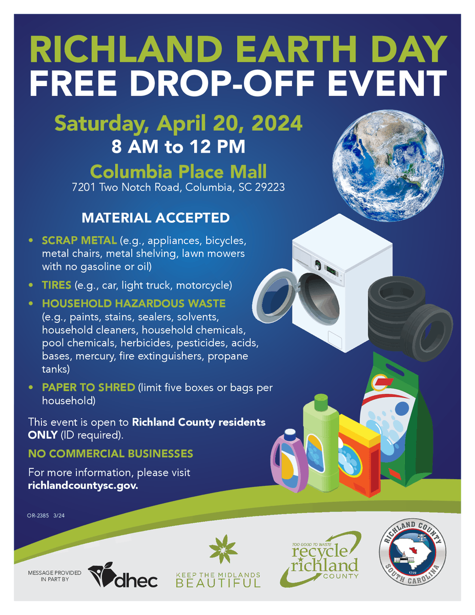 A free Earth Day drop-off event is set for Saturday, April 20 at Columbia Place Mall, 7201 Two Notch Road, Columbia. This event is organized by #RichlandCountySC Solid Waste and Recycling (SW&R) + community partners. To learn more, call SW&R at 803-576-2440.