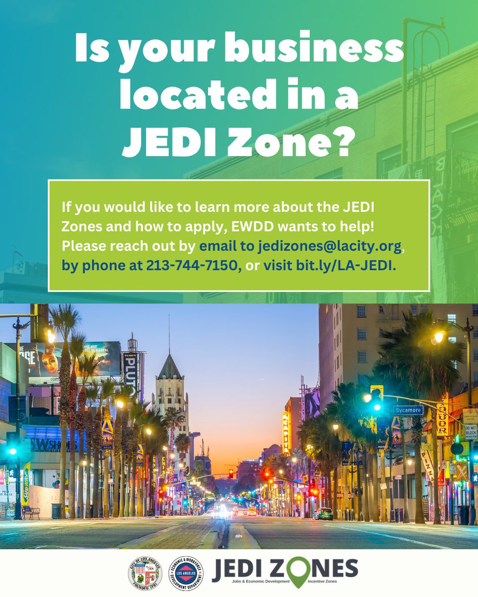 Is your business located in a JEDI Zone corridor? Learn about EWDD’s JEDI Zone Program NOW! The program offers various economic incentives at NO COST to qualified businesses located within JEDI Zones. ➡️bit.ly/LA-JEDI