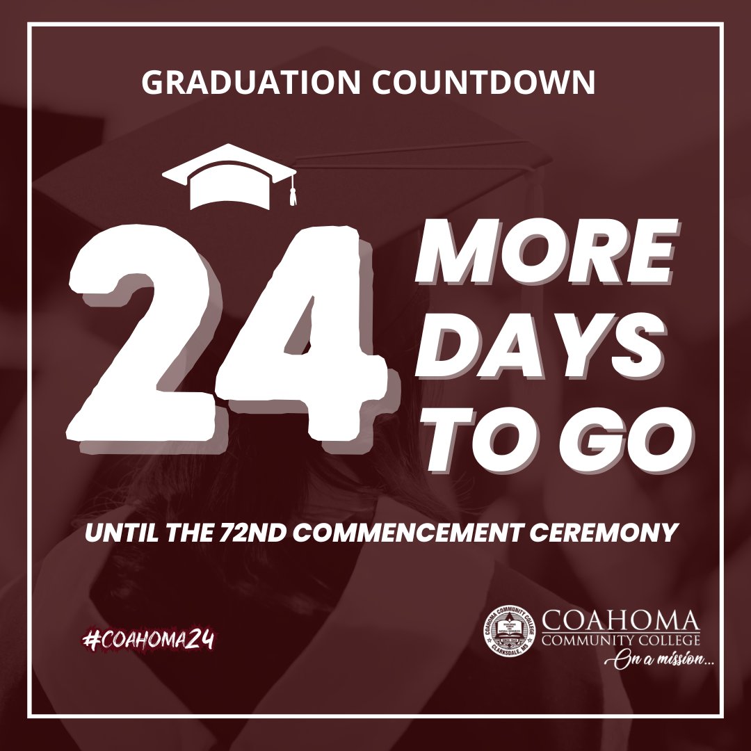 24 days until the 72nd commencement ceremony unfolds! The excitement is building as we eagerly count down to this momentous occasion at Coahoma Community College. Sophomores, prepare to step into the next chapter of your journey! #CCCProud #24DaysToCommencement