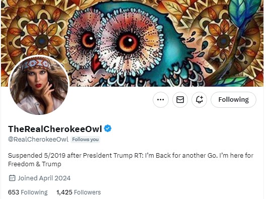 CHEROKEE OWL welcome back! Suspended in 2019. We've missed you! Strong posts and straight shooter. A Warrior for MAGA. Give her a follow and she'll follow back.