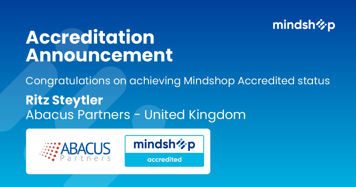 Congratulations Ritz Steytler, Abacus Partners, United Kingdom on completing the required courses & requirements to be recognised as Mindshop Accredited.A great achievement, well done Ritz!

#mindshopaccredited #themindshopway #problemsolver #businessstrategy #businessadvisor