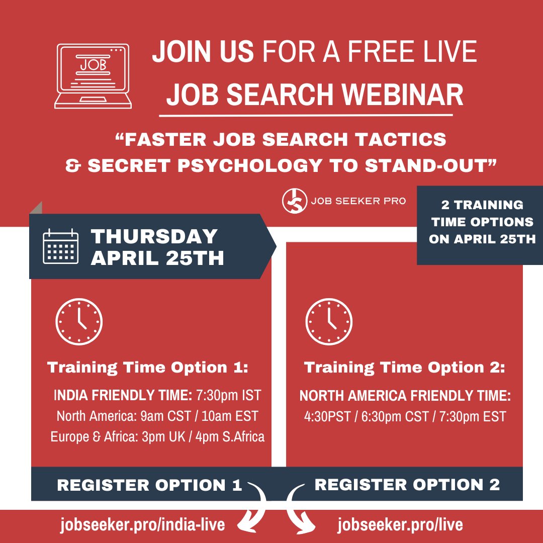 JOIN US for a FREE LIVE WEBINAR to gain valuable JOB SEARCH tips and strategies, Thursday, April 25th!  Register Now!  #jobsearch #jobsearchtips #jobsearching #jobsearchingtips #jobhunt #jobhuntingtips