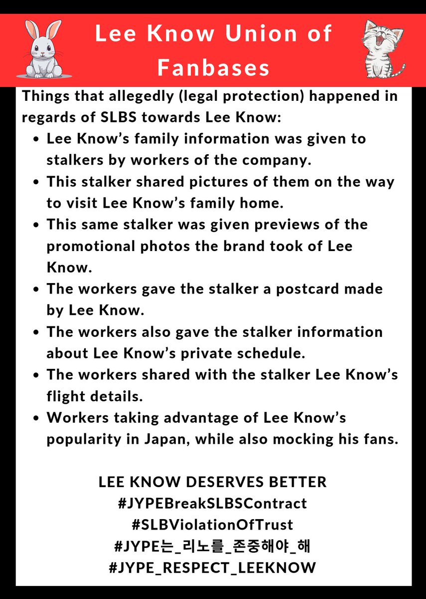 Hello Stays! In case you don't know what's happening with Lee Know and SLBS, we compiled a few of the things the company did. All of this is besides the auction where they sold the members clothes in secret. JYPE remains silent throughout all of this, and keeps releasing