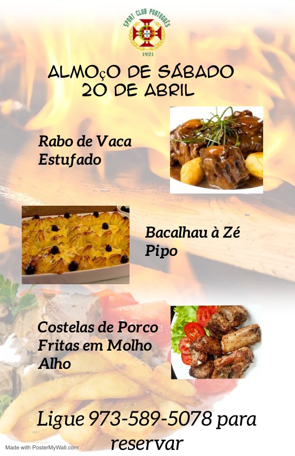 scpnewark's tweet photo. Menus de Sexta-Feira,  dia 19 de Abril e Sábado, dia 20 de Abril

 Aconselhamos chamar e reservar com antecedência. 

Para reservar, ligue  973-589-5078

Obrigado https://t.co/y7HKiN0u0v