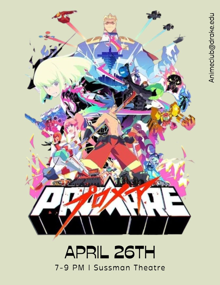 DrakeAnimeClub's tweet photo. The votes are in! We will be watching Promare on April 26th! Everyone is welcome to come and watch!

For those who have never watched the movie, here is a synopsis: https://t.co/e1BrWwwu8f
