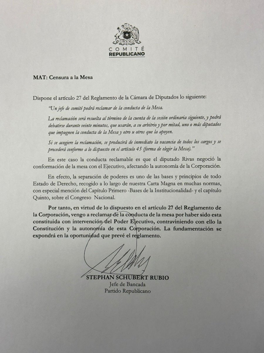 La bancada del @PRChile ha presentado la censura de la mesa de la Cámara de Diputados luego de la confesión del Vicepdte Gaspar Rivas sobre los ofrecimientos del Gobierno. No permitiremos esta vulneracion flagrante de la separación de poderes! #LaCensuraVa