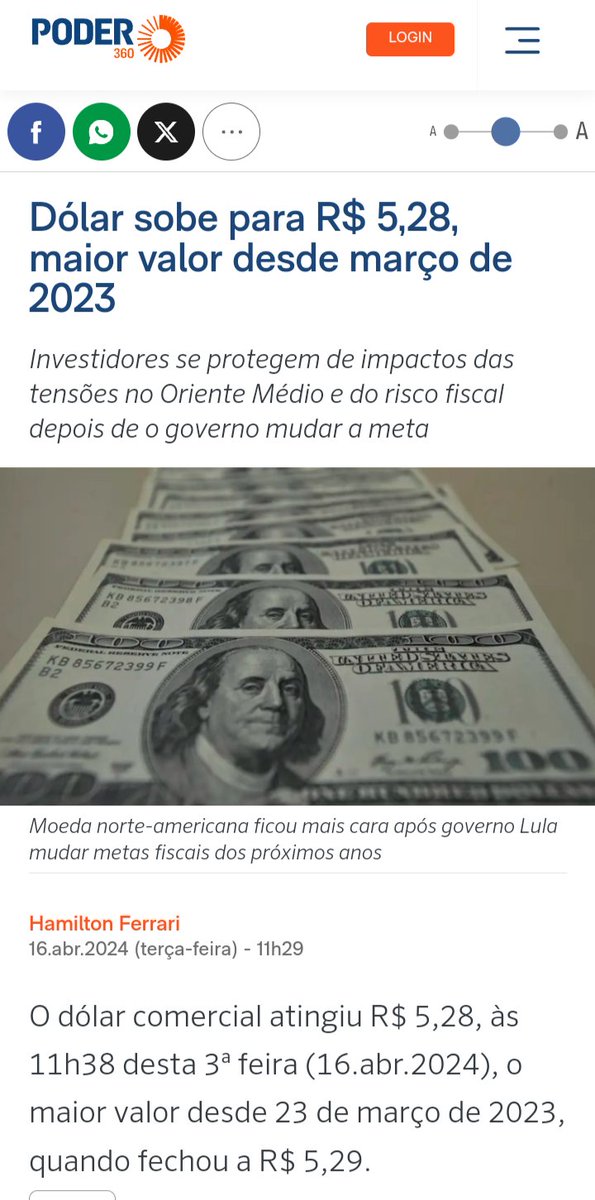 Dólar disparou. Haddad com desculpas da inflação dos EUA, da guerra no oriente médio.
Já sua incompetência ele fica mudo.
Fuga de investimentos do Brasil não é de agora. Brasil sem segurança jurídica, com uma corte governando o país, como daria certo!