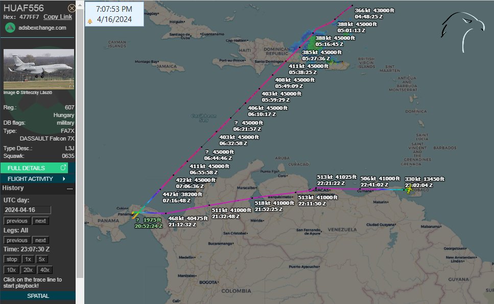 607 | 477FF7 | #Hungarian Air Force  
Dassault Falcon 7X

#Panama-#TrinidadandTobago 
t.ly/lO0cx
#PlaneAlert #AvGeek #ADSB #planespotting #OSINT #16Abril