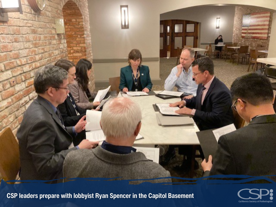 capath's tweet photo. Last week CSP leaders met with Legislators in Sacramento to support AB 2107 (Chen),  CSP sponsored  legislation that allows Pathologists to review digital data remotely under a primary location’s CLIA certificate.  CA is the only state that doesn’t allow this practice. https://t.co/4iN4KrpGX9