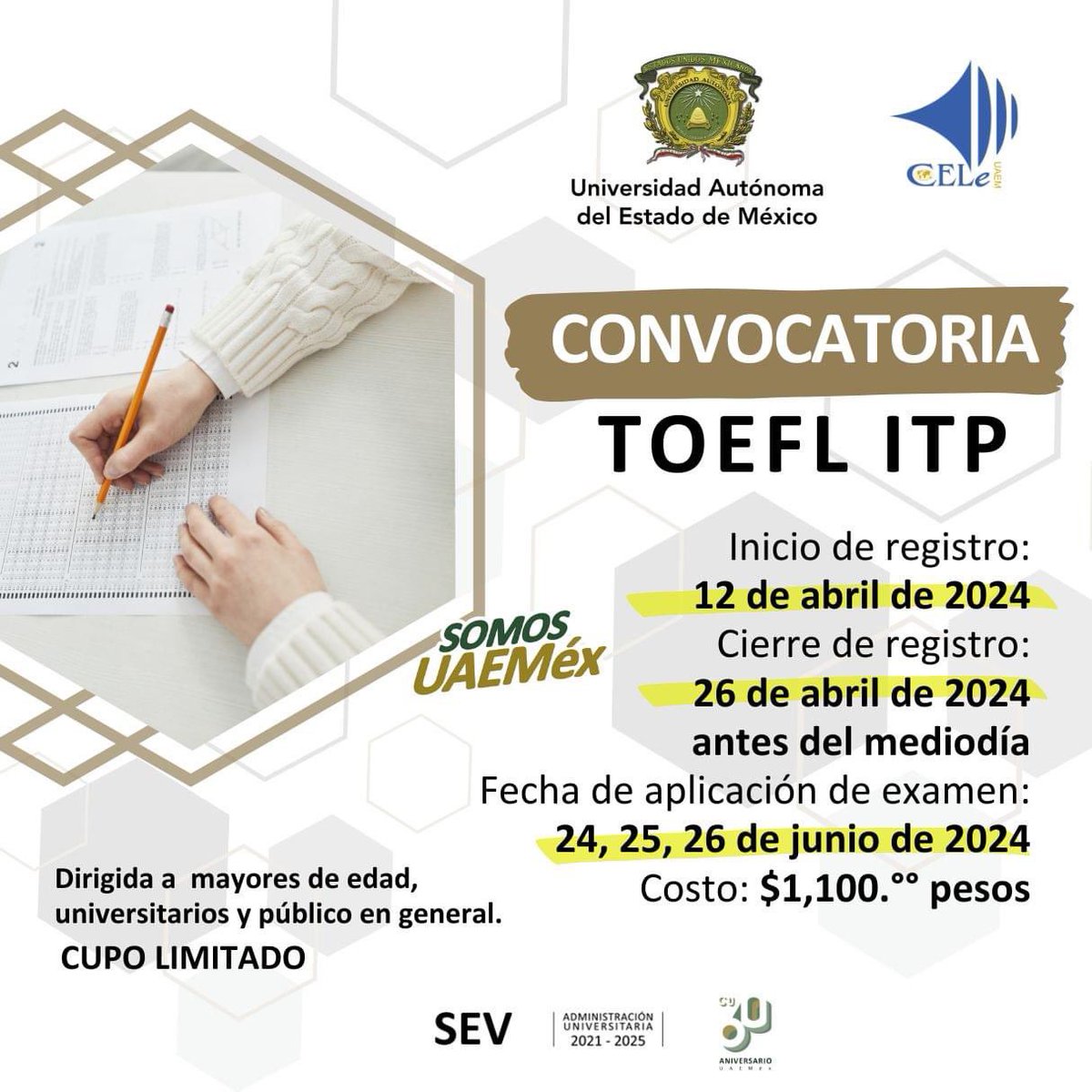 🥳📝| CONVOCATORIA TOEFL ITP.
¡Conoce las nuevas fechas para realizar el Examen TOEFL ITP!
👉 sev.uaemex.mx/images/PDF/con…  👈
¡Recuerda que el cupo es limitado!
#CELeUAEMéx
#CELe65 
#SomosUAEMéx💚💛