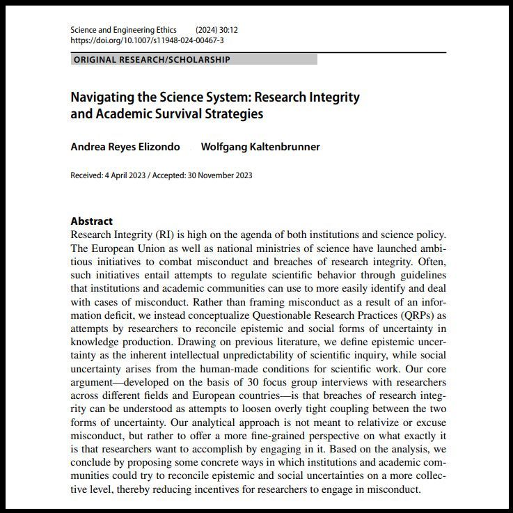 Navigating the Science System: Research Integrity and Academic Survival Strategies - Science and Engineering Ethics buff.ly/4aA9Cts