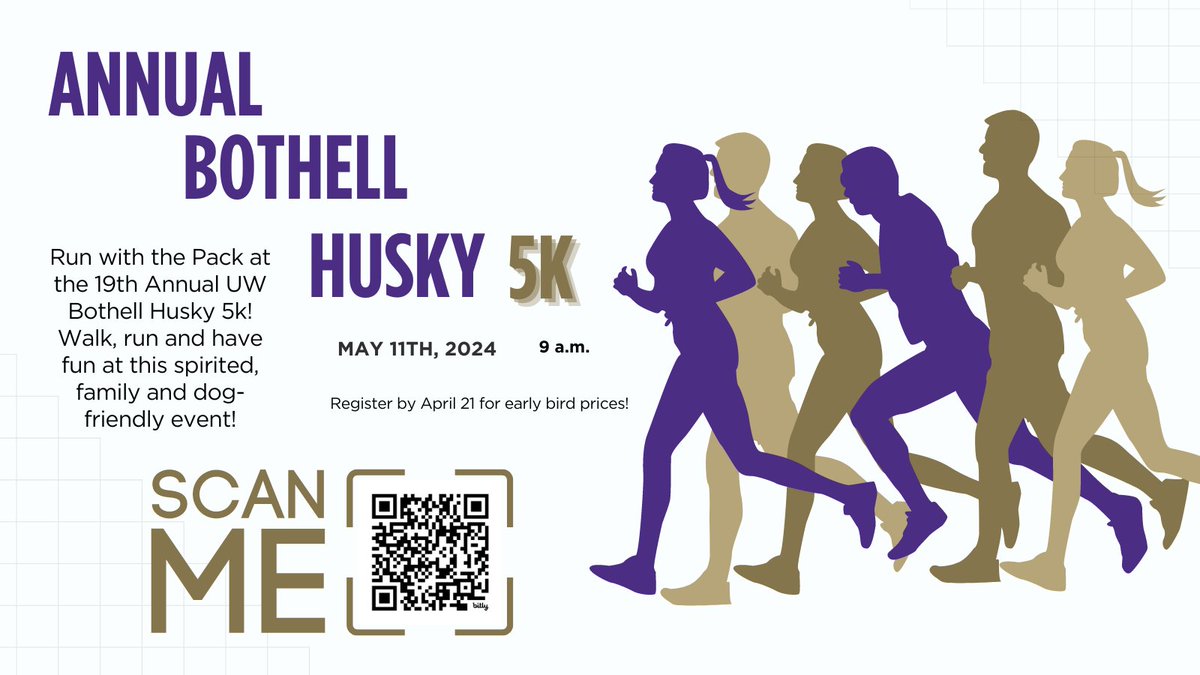 Join us for the Annual Bothell Husky 5K on May 11, 2024, at UW Bothell! Starts at 9 a.m., with a Kids 1K at 10 a.m. Support student scholarships and run with the pack! #UWBothell #Husky5K #RunwiththePack #CommunityImpact #UWAlumni