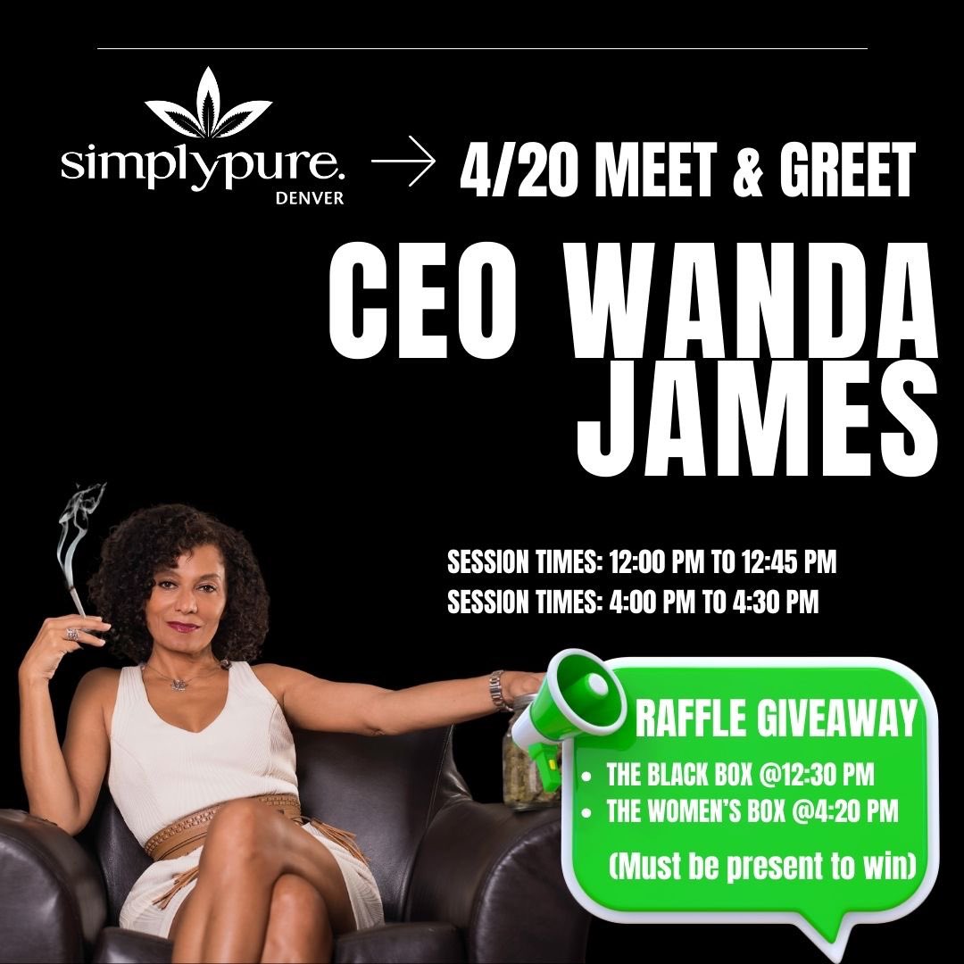Get ready to win exciting prizes from our CEO, @WandaLJames! 🍃💚 Join us on 4/20 for raffles, meet-and-greets, 420 vendors, and amazing specials. Remember, you must be present during the raffle to win. 🔥 Link here for more info: simplypure.com/420-promotions/ 🔗 #blackowned