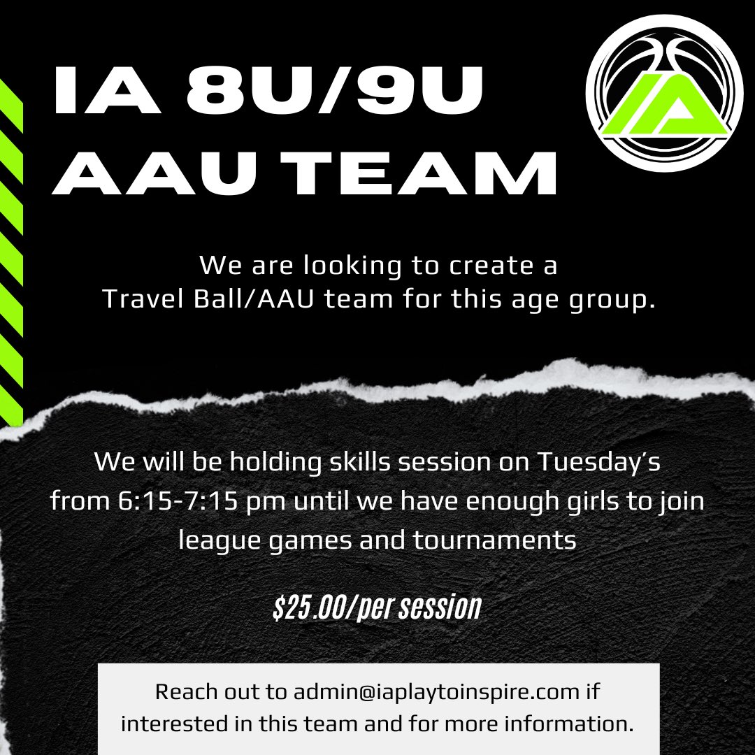 🚨 Calling all 8U/9U athletes We are looking to form a 8U/9U travel ball team. If you’re interested send an email to admin@iaplaytoinspire.com for more information. *Note: we’ll have holding skills sessions on Tuesdays at the Hoop House until we fill the team.