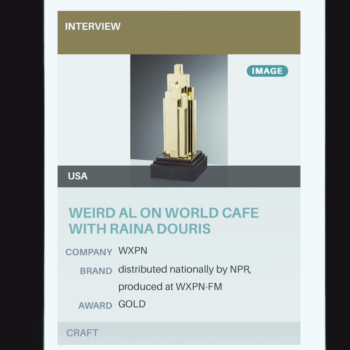 i can't believe this???! thank you @NYFRadioAwards, the @WorldCafe team especially sr. producer @reverberant. also, thank you @alyankovic, i truly could not have done this without you, i wouldve looked nuts 💛🏆