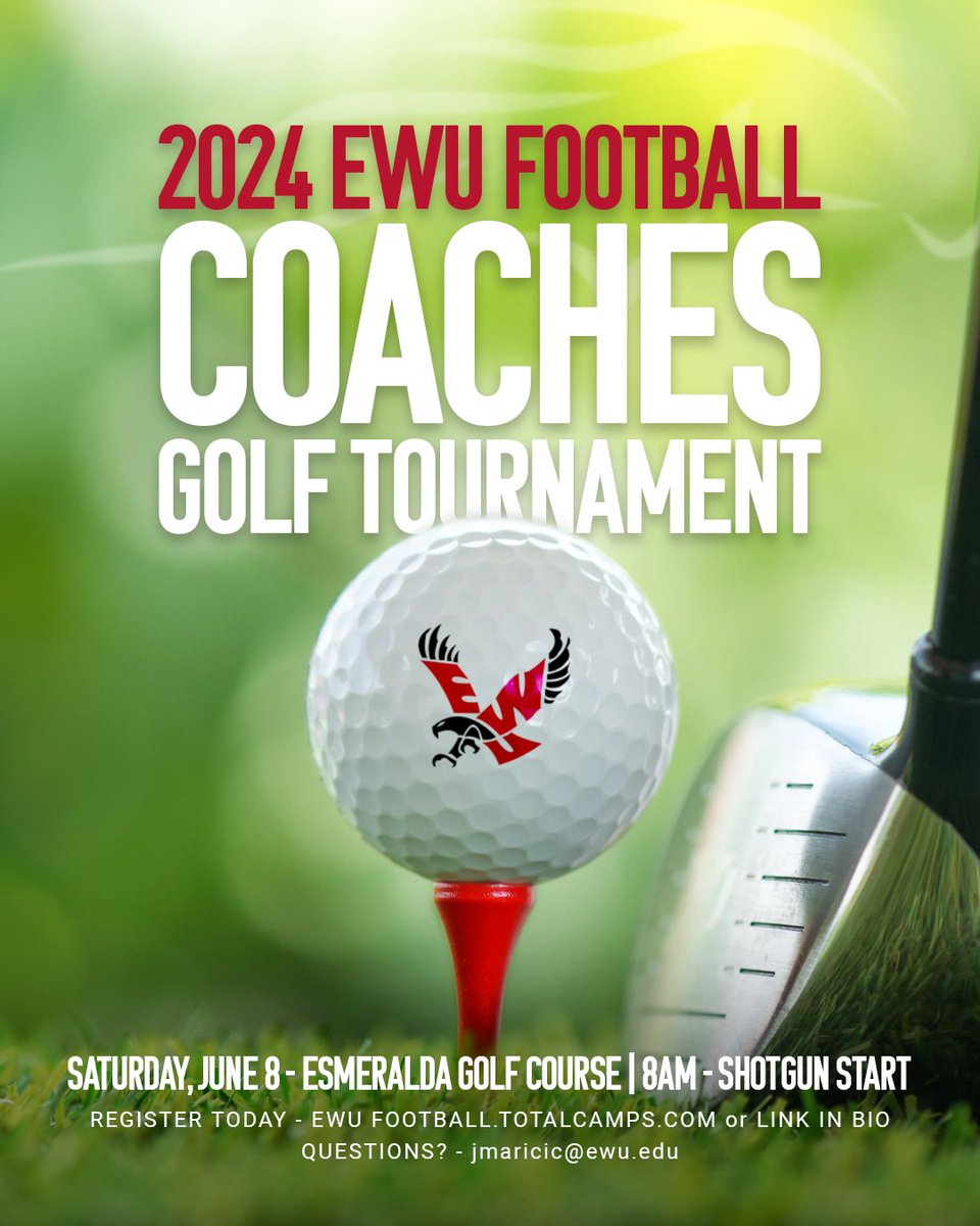 The EWU Football Coaches Golf Tournament IS BACK on Saturday, June 8 with a 8 AM shotgun start at Esmerelda Golf Course in #Spokane. Register now at goeags.co/ewufbgolf or via out link in bio