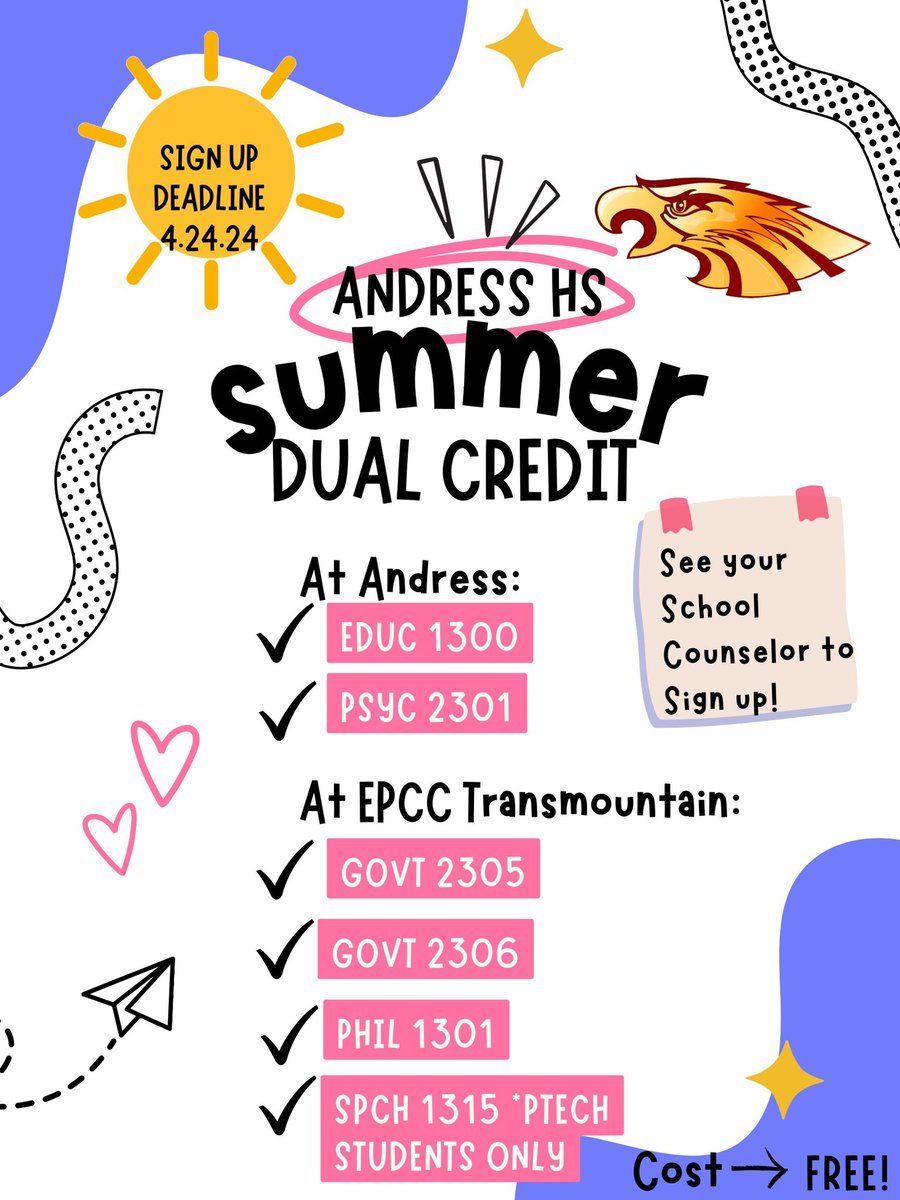 Free college credit during the summer ☀️? 

That’s right! Sign up today! 
🗓️ Deadline: 4/24/24

See your @AHSGoldenEagles #SchoolCounselor to sign up! 

@MrHTeachesELA @smjackso1 @CrystalBustill3 @ITS_BonnieG @ElenaMo2016 @EddieBazan4 @canguianobio @EagleAndress @ODPHIRuben
