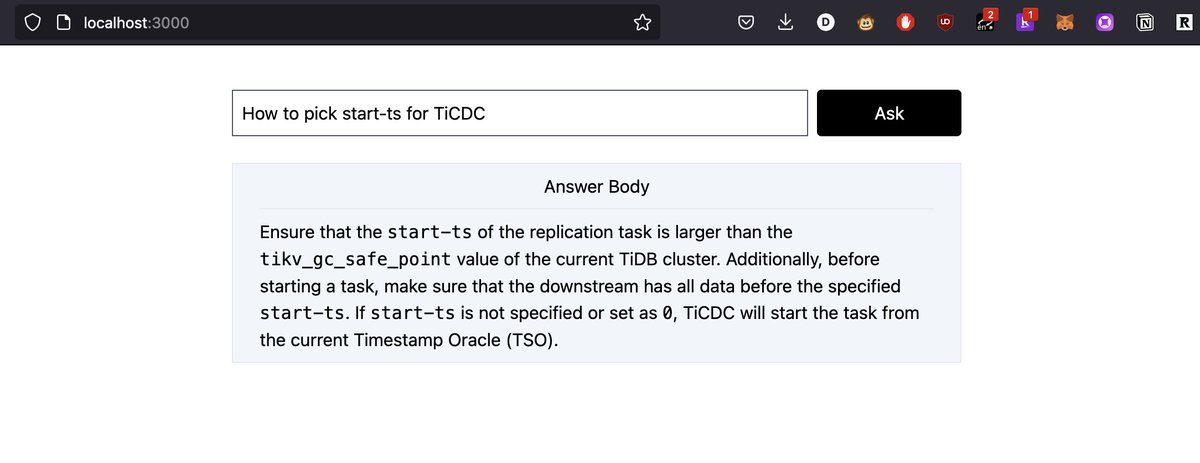 TiDB Serverless Vector (tidb.cloud/ai) ❤️ LLamaIndex @llama_index , basically, you can build your own 'Ask Anything' in couple lines of code (at scale!), the experience is just amazing.