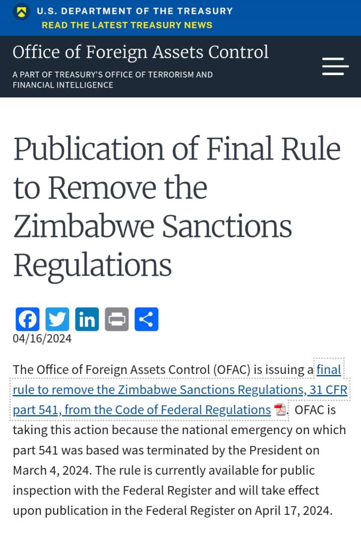 𝗦𝗔𝗡𝗖𝗧𝗜𝗢𝗡𝗦 𝗢𝗡 𝗭𝗜𝗠𝗕𝗔𝗕𝗪𝗘 𝗔𝗥𝗘 𝗚𝗢𝗡𝗘. All legal instruments that were used to impose executive order sanctions on the Zimbabwean government, its parastatals, its ministries, municipalities, army, businesses and banks have been removed. We are only left with…