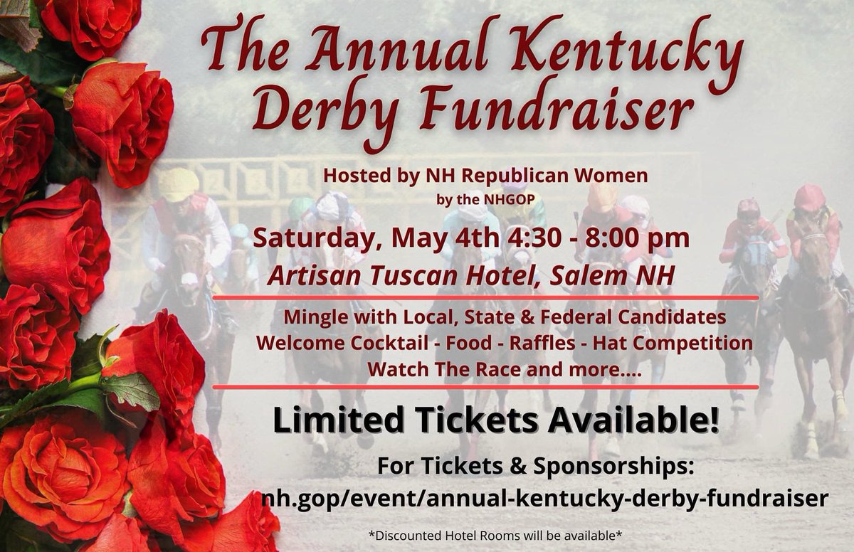 Get your tickets today!  secure.winred.com/nh-gop/derby-2… 
Best event with hat competition, raffle prizes, welcome drink, lots of food, whiskey tasting cigar and so much more mingling with the best.