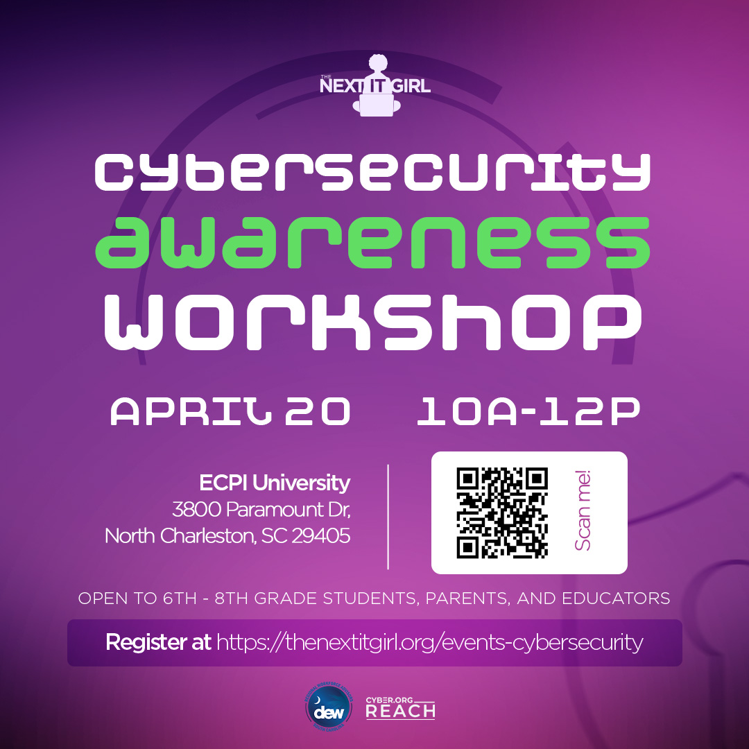 🔒 Let the Countdown Begin! 🔒

We're just 3 days away from our Cybersecurity workshop in Charleston, in partnership w/ @cyber_dot_org  & S.C. Dept of E&W! Join us as we facilitate 3 workshops tailored for students, parents, & educators!

Register Here: thenextitgirl.org/events-cyberse…