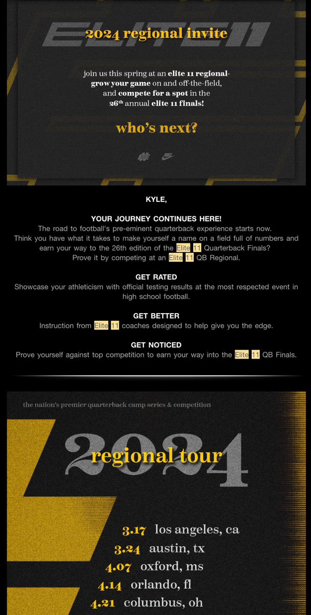 I am excited for the invite from <a href="/Stumpf_Brian/">Brian Stumpf</a> and to attend the <a href="/Elite11/">Elite11</a> camp this weekend in Columbus.
<a href="/GoldenBears_FB/">UA Football</a>