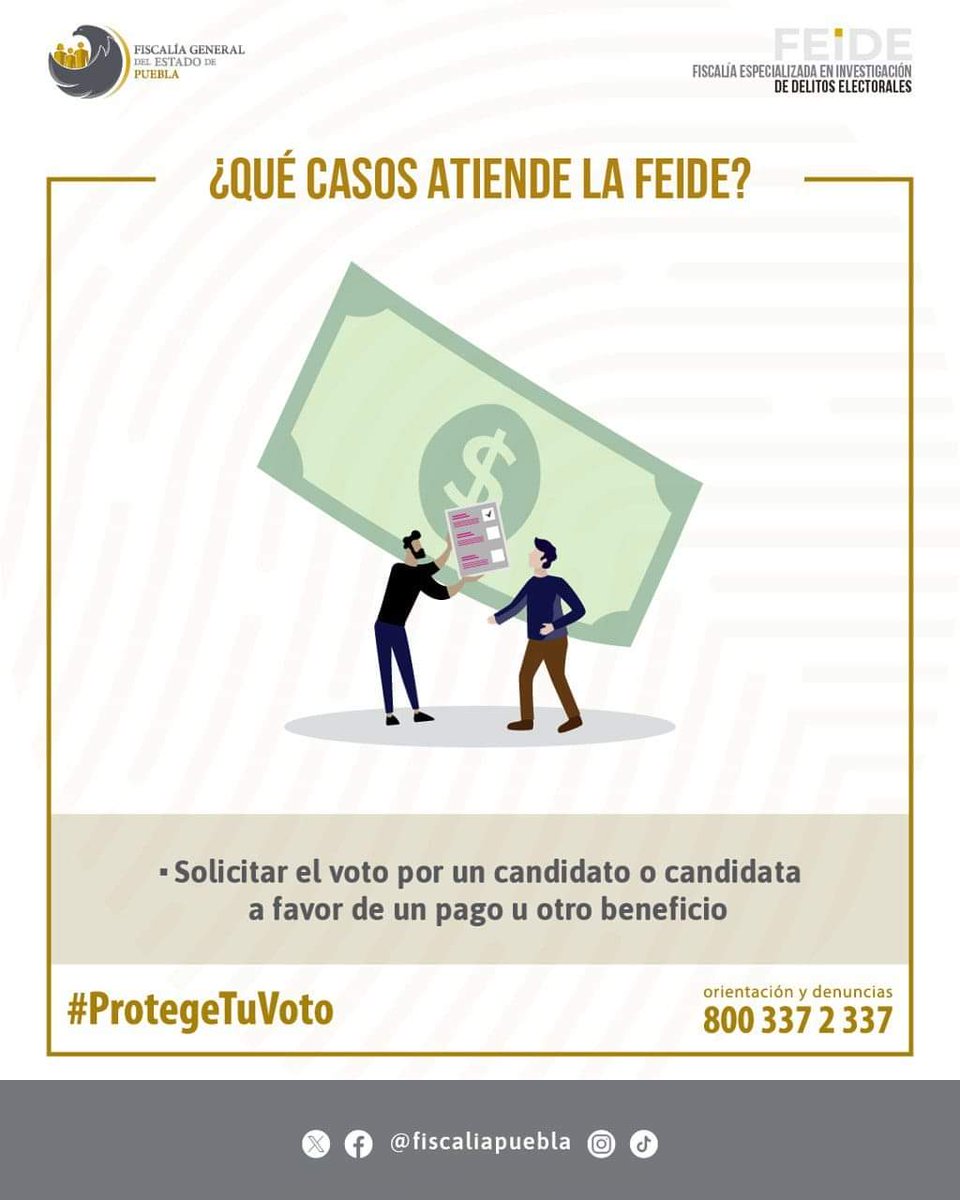 Si te solicitan el voto por un candidato o candidata a favor de un pago u otro beneficio, #ProtegeTuVoto 🗳️ y denuncia ante la FEIDE llamando al ☎️ 800 337 2 337.