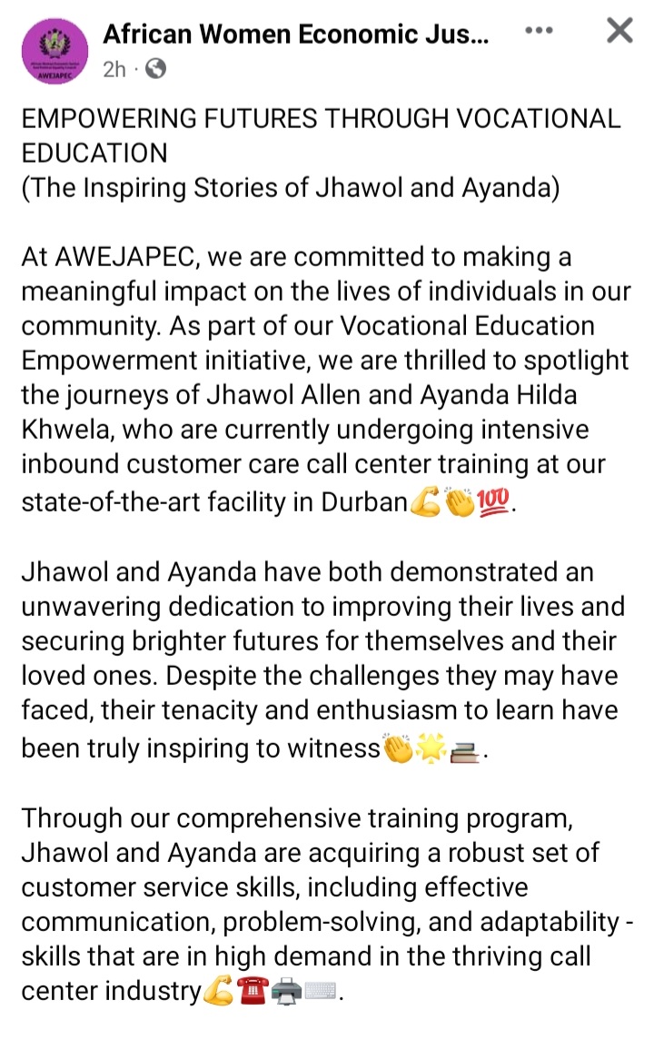 Jhawol & Ayanda are Currently undergoing AWEJAPEC's Free Inbound Call Center Training. We are commited to changing lives of African Women through our Vocational Education Empowerment💪📚❤. #VocationalEducation #SkillsDevelopment #Employment #CommunityImpact #LifeChangingStories