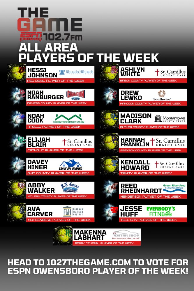 Here are our All Area Players of the Week! Now it’s time for you to vote who you think should be named our overall 1027 The GAME ESPN Owensboro Player of the Week! Head over to 1027thegame.com/pow-voting/ &amp; get your vote in NOW! #TheGame 🔥 

Voting ends Friday at noon &amp; winner will