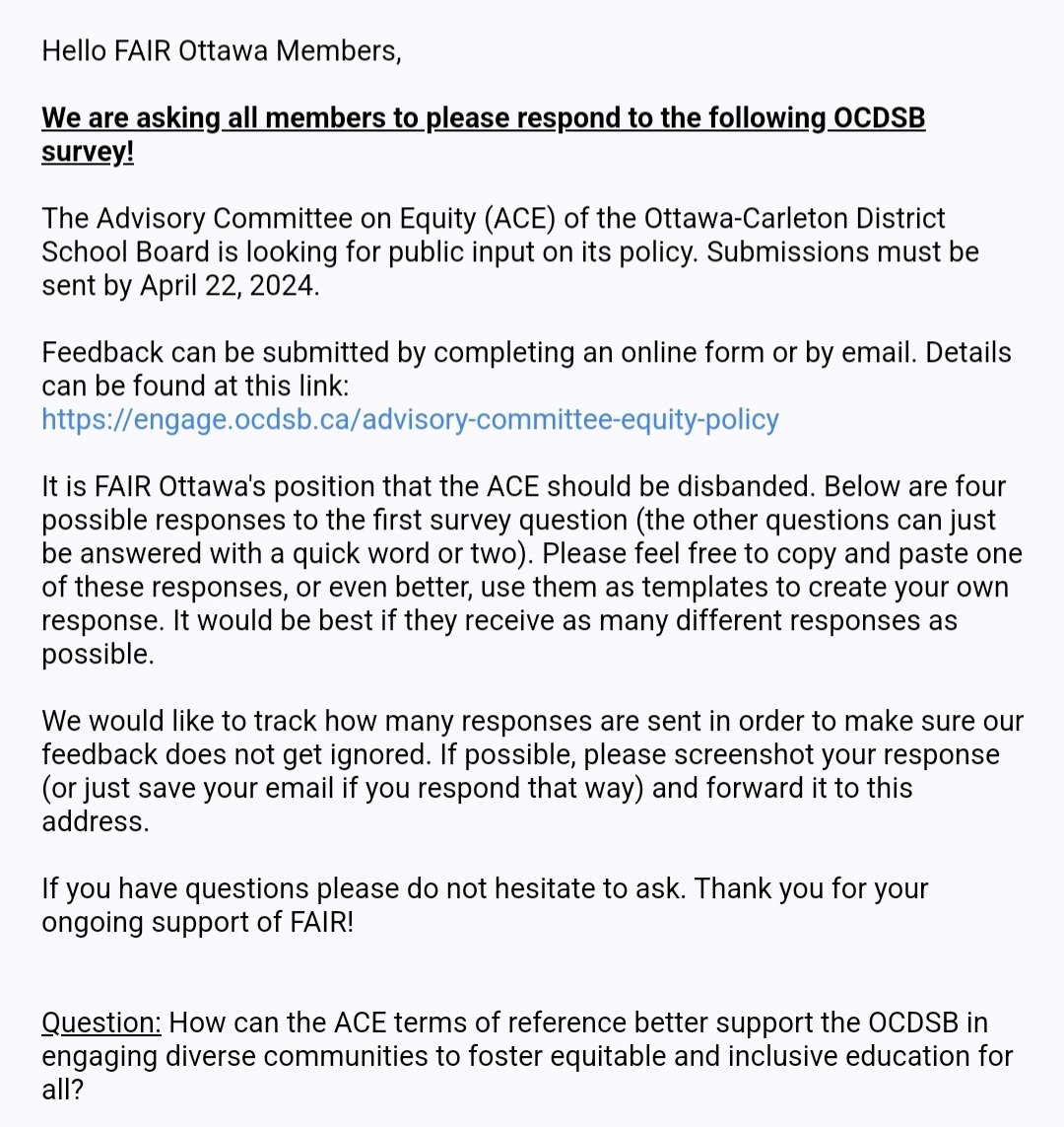 chris4_reform's tweet photo. I fully support the position put forth by FAIR Ottawa regarding the disbanding of the ACE. By disbanding the ACE, resources could potentially be reallocated to more pressing community needs or to alternative initiatives that might better serve the community. 

Change can be challenging, but it is essential to adapt to evolving circumstances and ensure that resources are used efficiently and effectively for the benefit of all community members. 

By incorporating these responces into their agendas, school councils can facilitate constructive dialogue, address concerns, and work towards inclusive solutions that benefit the entire school community.
@OCDSB @fairforall_org @Sflecce @CPALInfo @parents @ONeducation
@CPALInfo @DDSBParents @Parents_4Rights @parents_canada @parentsofhdsb @SOSTDSB @Bp4_Canada @BahiraR @_MikeRamsay 
@carolynburjoski @LindaStone62