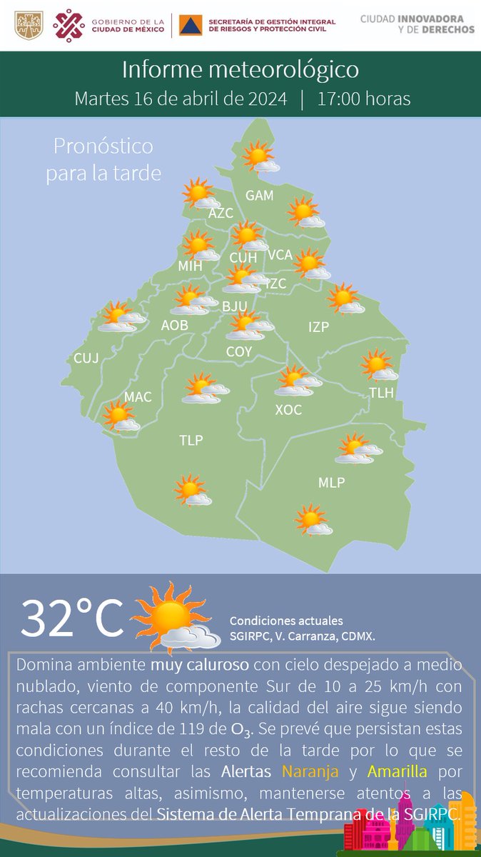 Continúa el ambiente muy caluroso con cielo despejado a medio nublado en la Ciudad de México. Se registra mala calidad del aire. Estás condiciones persistirán el resto de la tarde. #LaPrevenciónEsNuestraFuerza