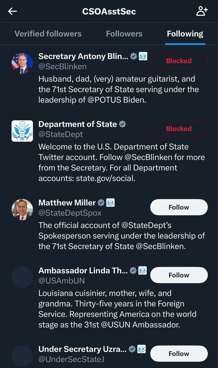 Here is who @CSOAsstSec follows, tell me if these people look familiar to you, where have you seen them over the past 6 months? Blinken, the State Department, Matthew Miller, Ambassador Linda… all part of the “Conflict & Stabilization Operations”