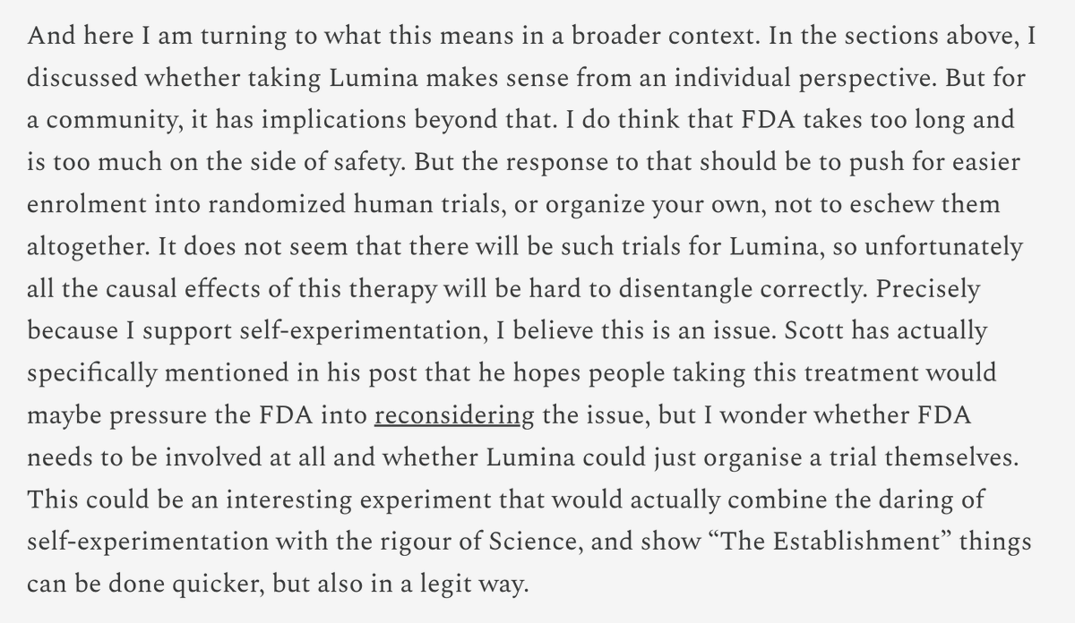 💯 to this conclusion (and the rest of the piece). DIY microbiome hackers have an opportunity to demonstrate a more nimble clinical trial process and are instead choosing the path of wellness scams. But there's still time to change course.