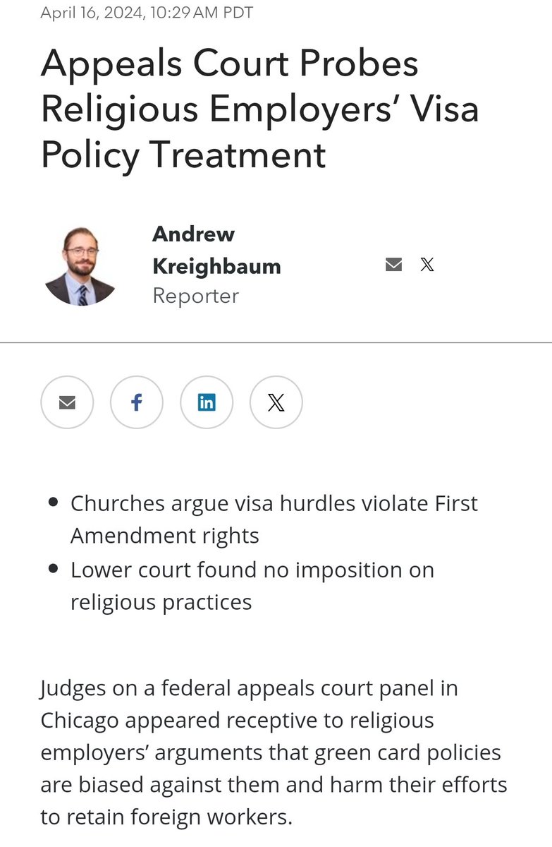 Update: 

Be aware that I haven't read the article as I don't have access to Bloomberg Law, so I can't provide details on today's court proceedings. Nonetheless. stay hopeful & keep the faith alive
#immigrationreform
#greencardbacklog
#religiousfreedom
news.bloomberglaw.com/daily-labor-re…