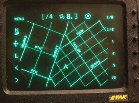 The Etak was the first car 'GPS' system, in 1985 GPS wasn't ready yet. So it used dead reckoning, combined with snapping to known roads. It used an 8080 CPU, vector CRT, tape storage, and car wheel sensors They had to make their own maps! The cost was $1,400 ($4,000 today)!