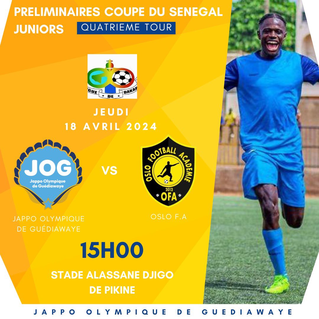 JOG_SPORTS's tweet photo. Le quatriรจme tour de la Coupe du Sรฉnรฉgal promet une confrontation รฉpique !
Aprรจs avoir triomphรฉ contre ACAFOOP, lโรฉquipe de JOG est prรชte ร affronter OSLO F.A
Venez soutenir JOG au stade Alassane Djigo de Pikine le Jeudi 18 Avril 2024 ร 15h00.
#ALLEZJOG ๐ช๐ฝ https://t.co/lwNNik49yi