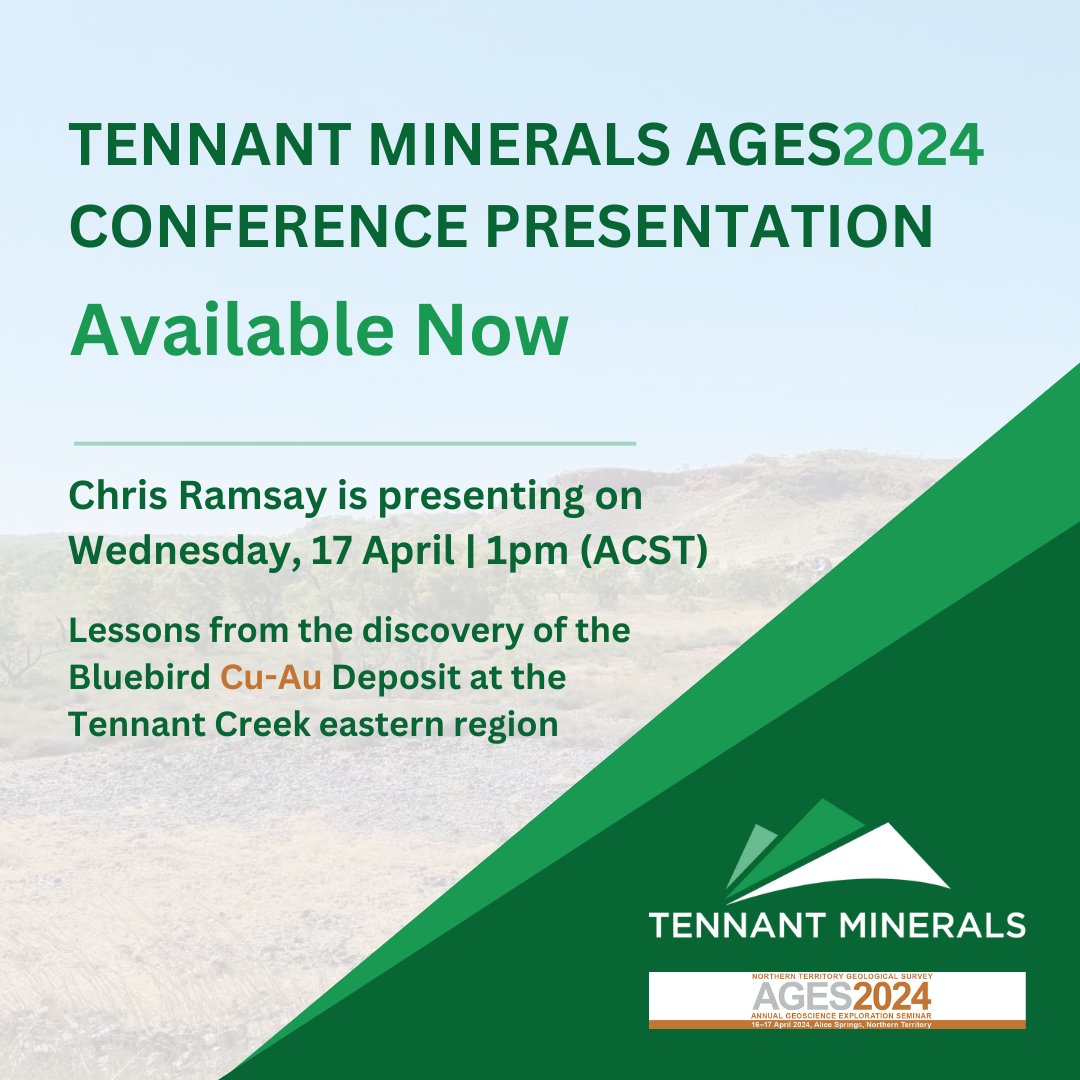 #ASXNews 
 Chris Ramsay, General Manager – Geology, will be presenting 1pm (ACST) today on “Lessons from the discovery of the Bluebird Cu-Au Deposit at the Tennant Creek eastern region” at Annual Geoscience Exploration Seminar (AGES)
 View bit.ly/3U1Pbi7
 $TMS #Cu #Au
