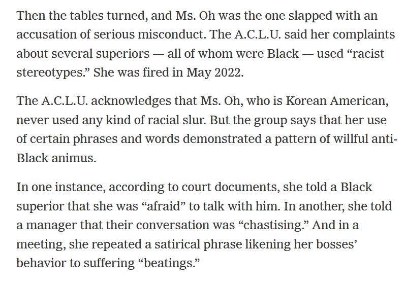This story is absolutely bonkers: An Asian ACLU employee complains about an abusive work environment. Her bosses, who are black, say 'No, we're the victims because you calling us abusive is a racist trope.' So the ACLU fires the Asian lady for racism. /1