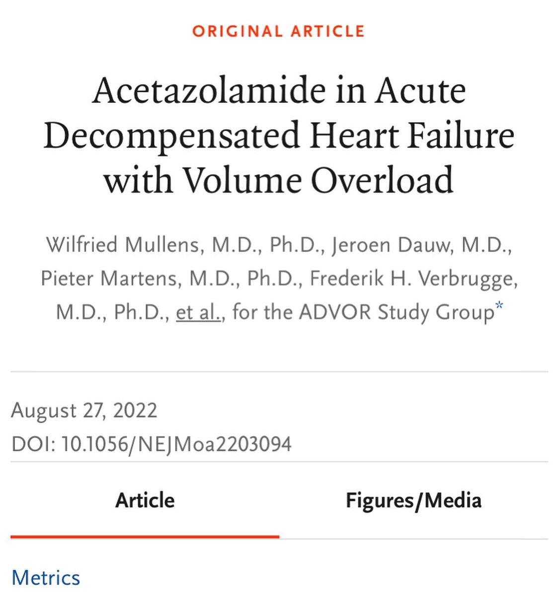 Acetazolamide for decompensated heart failure? Carbonic anhydrase inhibitors like acetazolamide block renal reabsorption of sodium bicarb, leading to ⬆️ natriuresis. This landmark trial showed faster achievement of euvolemia with acetazolamide added. ADVOR Trial, NEJM 2022 ♥️