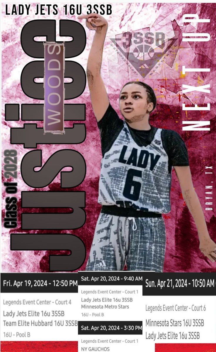 My team and I Will be playing in Bryan, Tx this weekend! First game is This Friday April 19th at 12:50pm at the Legends Event Center! <a href="/LadyJetsElite/">Lady Jets Elite</a> <a href="/3SSBGCircuit/">3Stripes Select Basketball Girls Circuit</a> #3SSBGirls #adidasBasketball