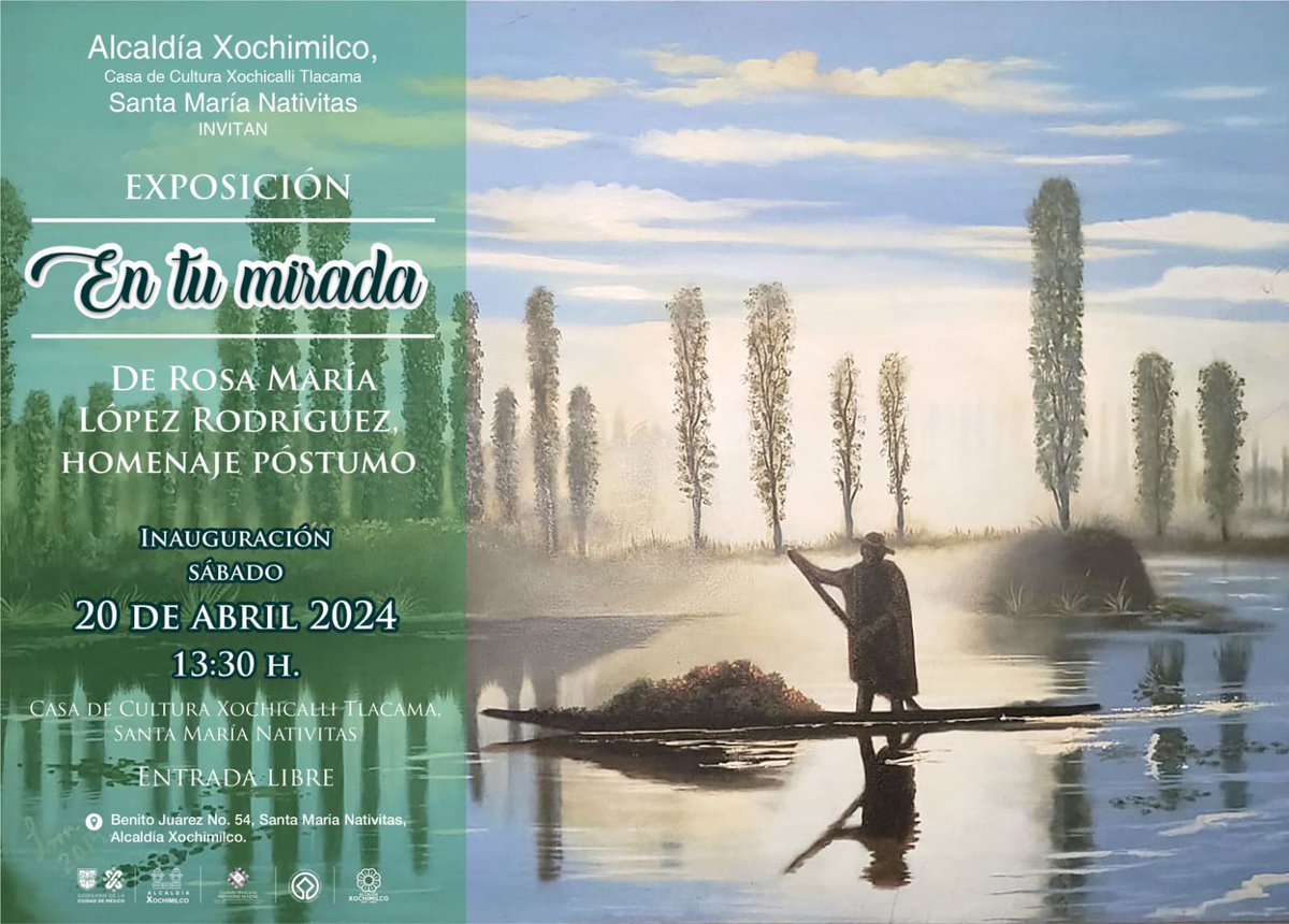 🖼️Te invitamos a la inauguración de la magnífica exposición 'En tu mirada' de Rosa María López, como un homenaje póstumo. 🗓️Acompáñanos a la inauguración este 20 de abril a las 13:30 horas, en la Casa de Cultura Xochicalli Tlacama.