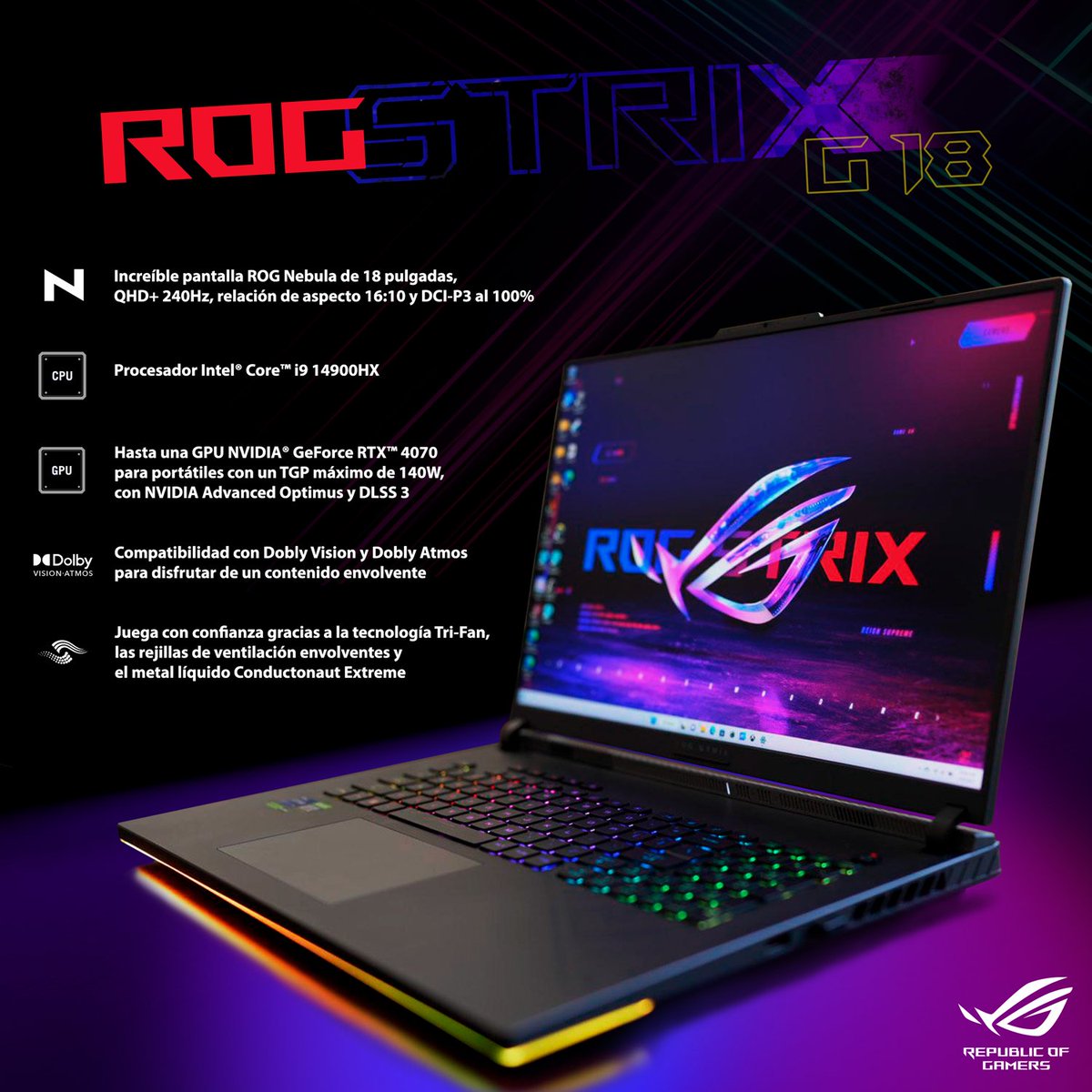 Juega sin límites.💥🎮 Con la potencia de NVIDIA® GeForce RTX™ 4090 y un procesador de alto rendimiento, nuestra ROG Strix G18 te lleva a un nuevo nivel de juego. #ROGStrixG18