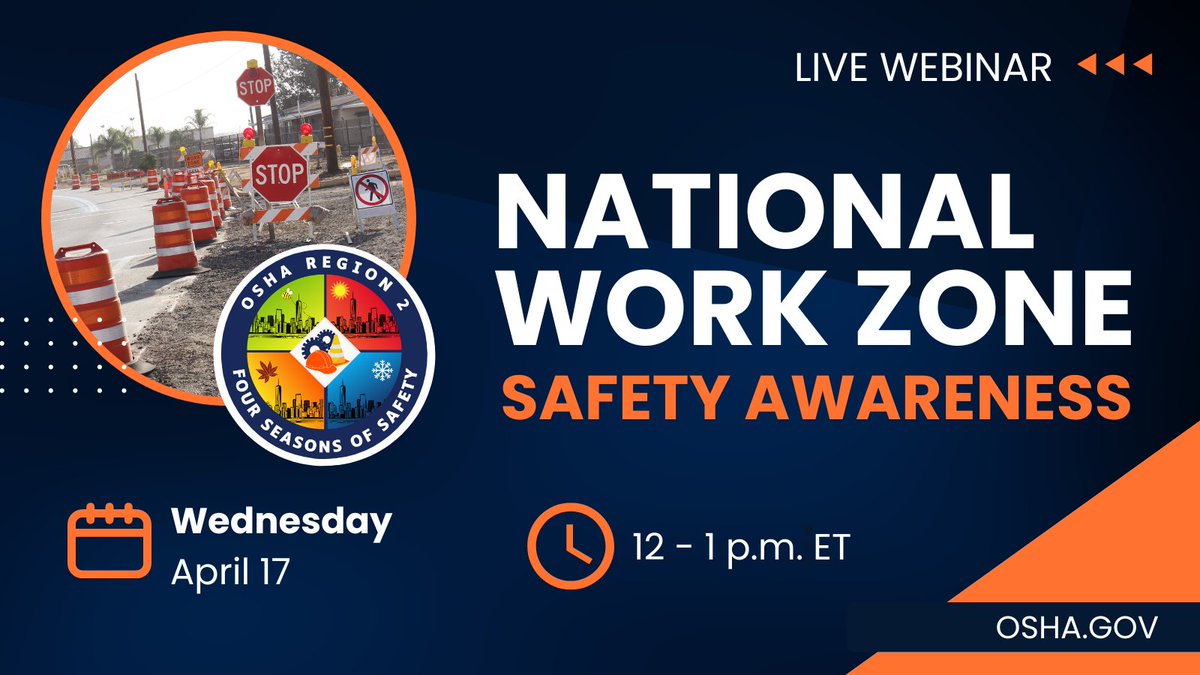 Join us for a National Work Zone Safety Awareness Week Kick-off Lunch & Learn webinar. This free webinar aims to enhance safe work zone practices in the highway/roadway construction industry. Register here. 👇 bit.ly/497u4jL